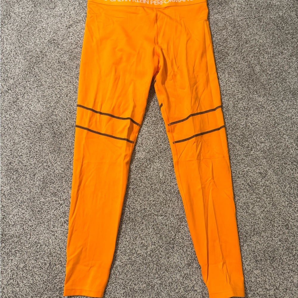 Calvin Klein Orange Athletic Leggings with Black Stripes